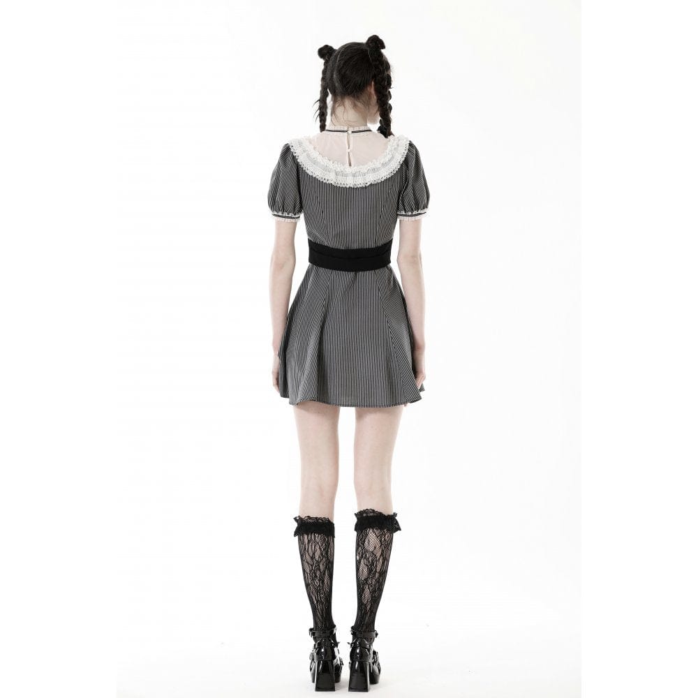 Clockwork Doll Striped Lace-Collar Dress