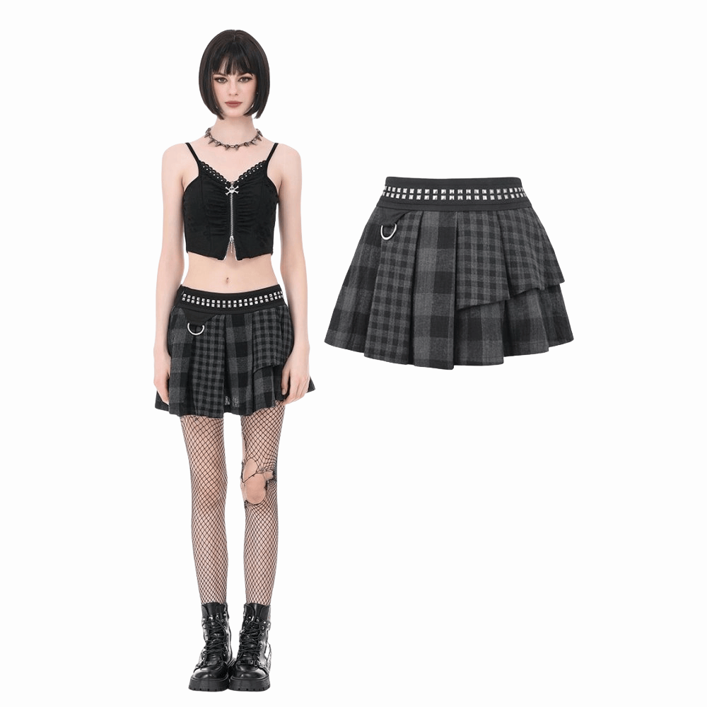Riot Tartan Asymmetric Rivet Skirt