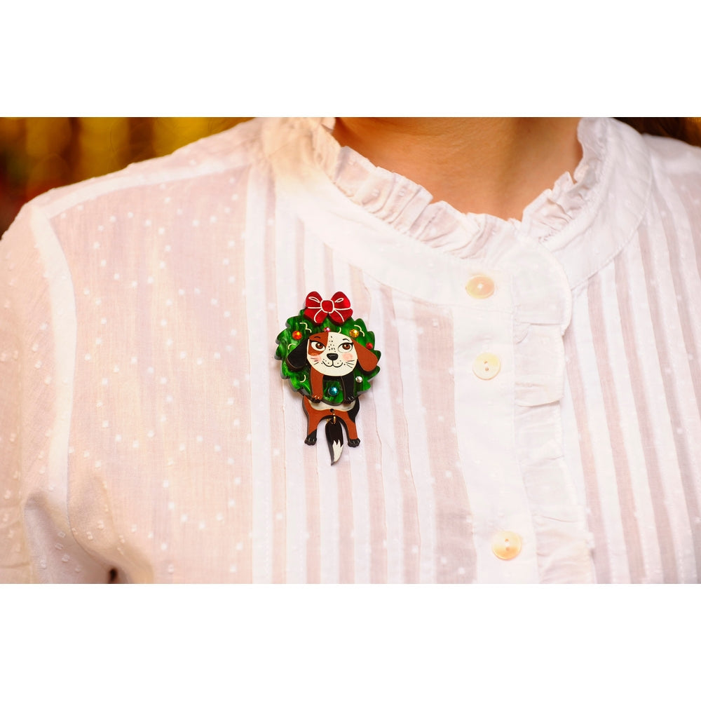 Dog in A Christmas Wreath Brooch by Laliblue