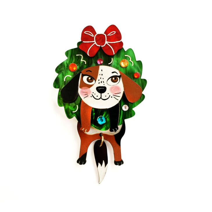 Dog in A Christmas Wreath Brooch by Laliblue