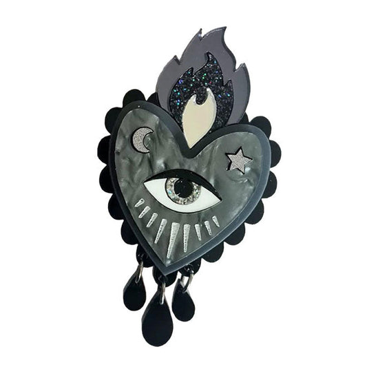 Flaming BLACK Heart Statement Brooch by Cherryloco