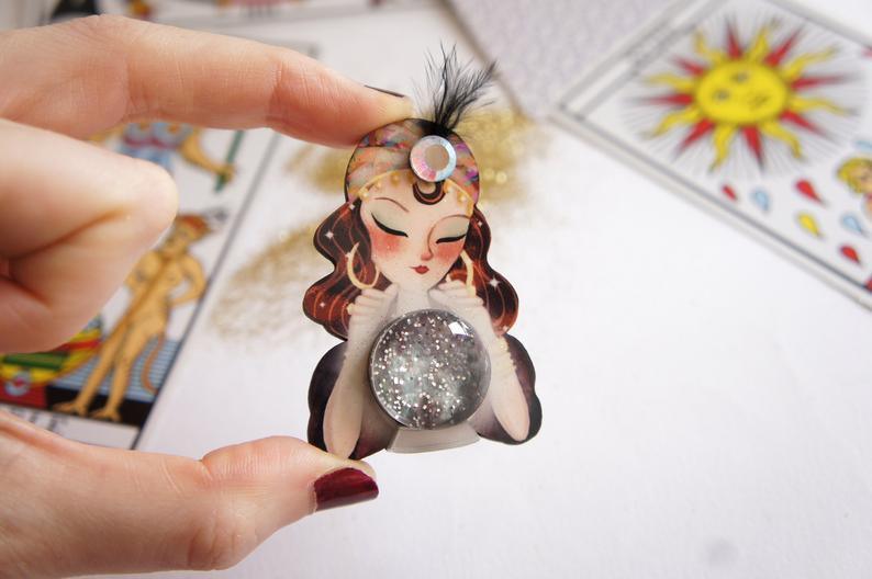 Fortune Teller with Crystal Ball Brooch by Laliblue