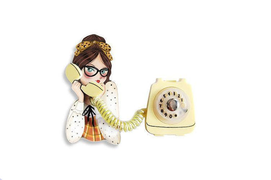 Girl with Phone Collar Clip Brooch by Laliblue
