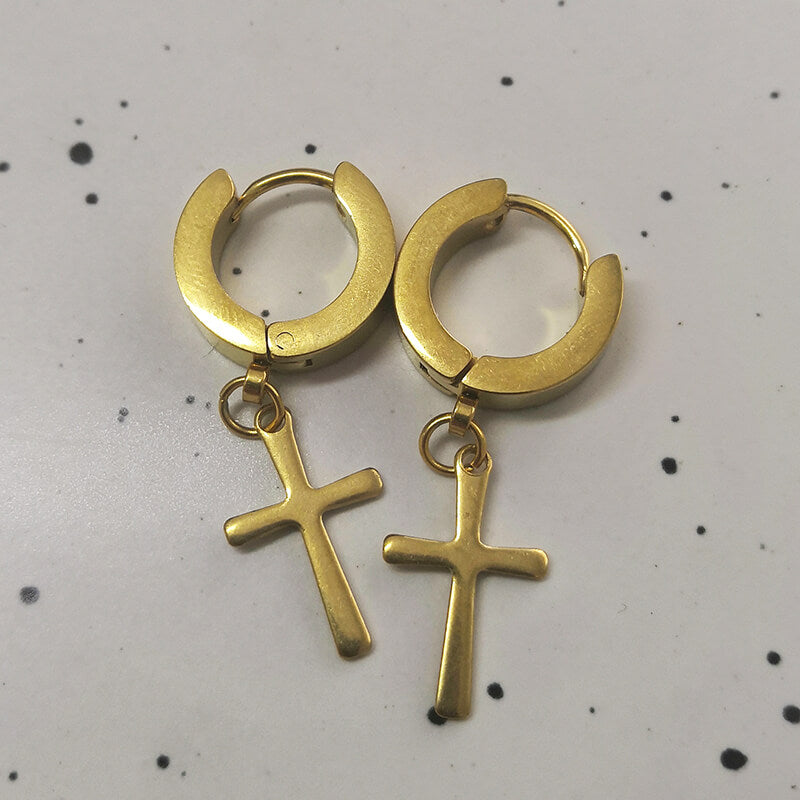 Gold Cross Stainless Steel Hoop Earrings