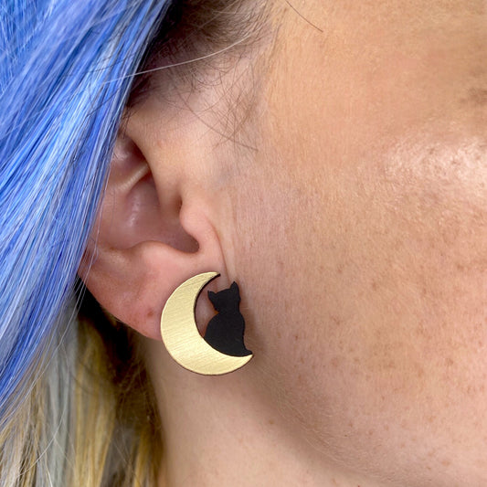 Small Cat in Moon Earrings