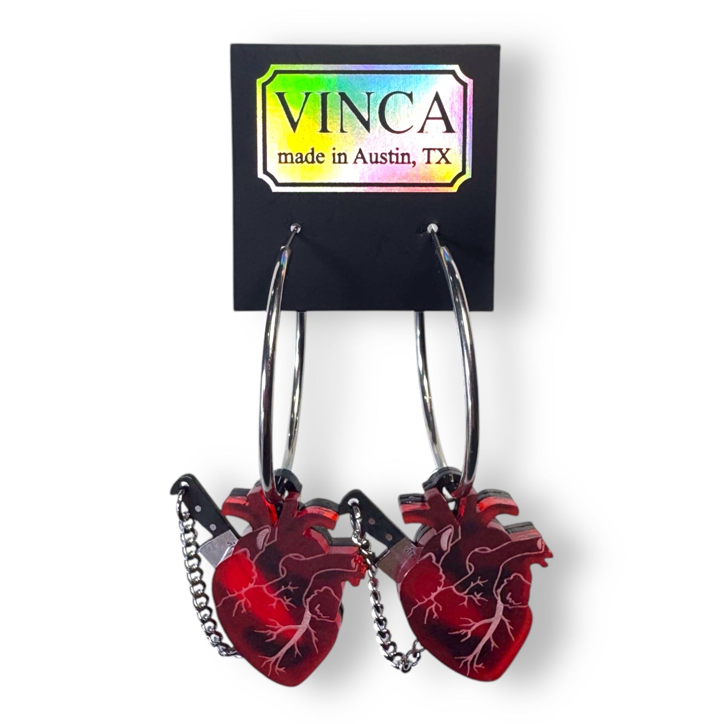 Chopped Heart Hoops - Drop Dead Red Silver Hoops