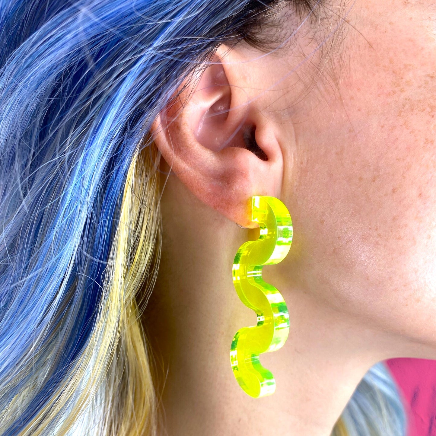 Chunky Squiggle Statement Earrings - Black Light Reactive Clear Green