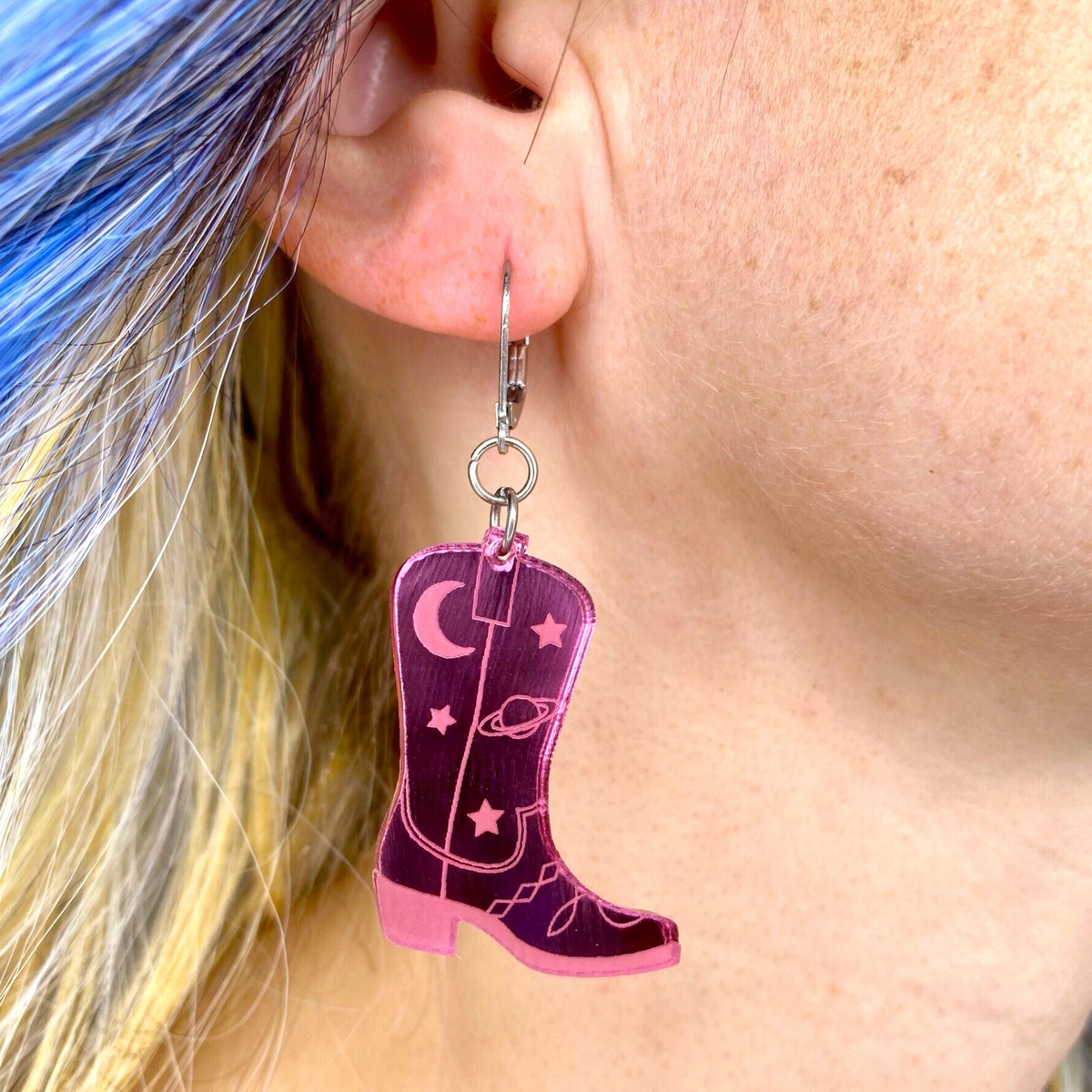 Space Cowboy Boot Dangle Earrings - Mirror Pink