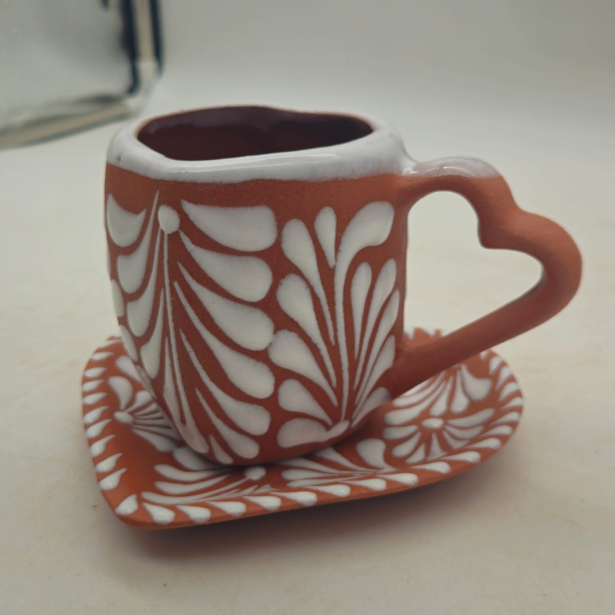 Heart-Shaped Talavera Mug Set | Brown & White Coffee Cup & Plate