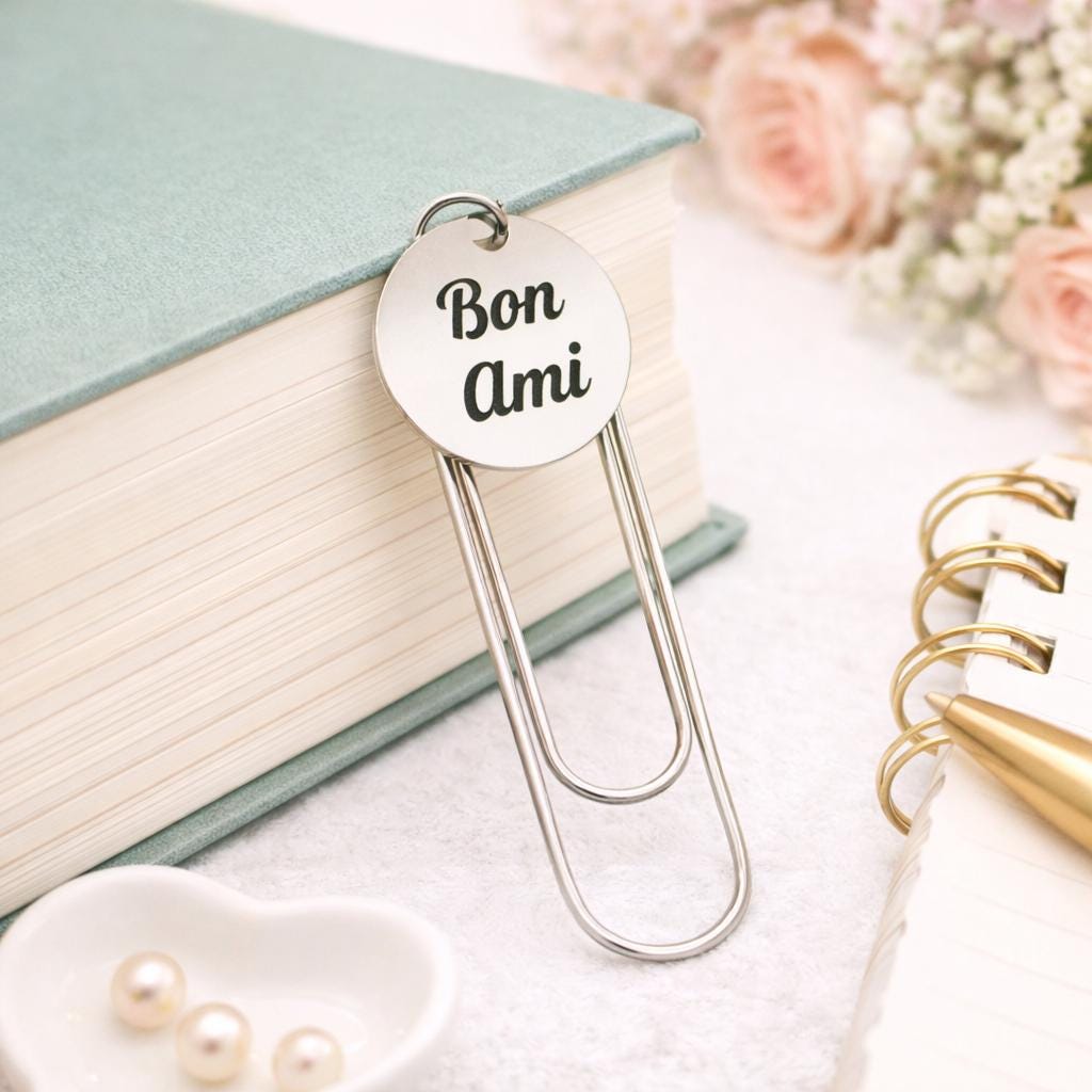 Bon Ami Paperclip Bookmark Stainless Steel Engraved Charm Friendship Gift Minimalist Book Lover Accessory