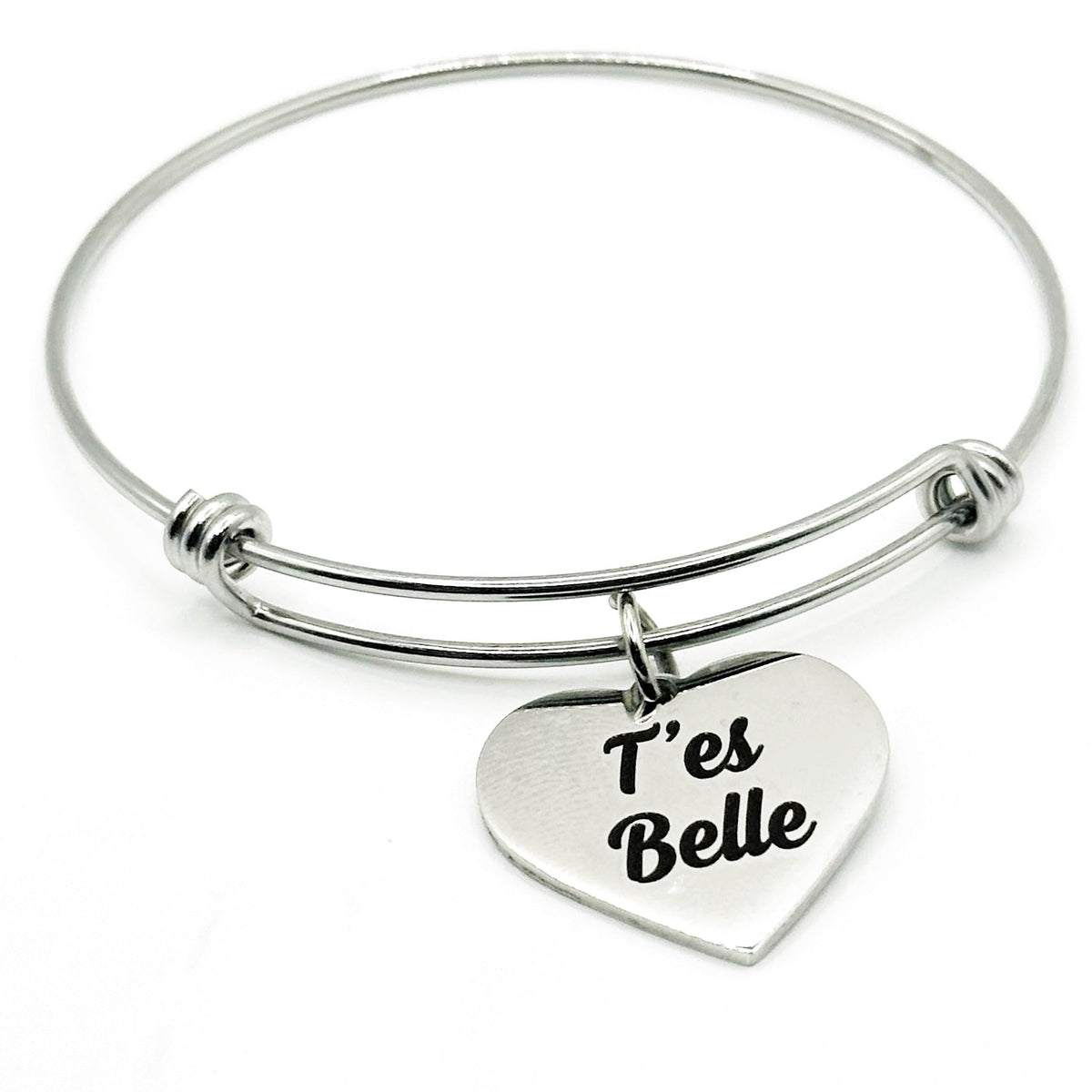 T'es Belle Bracelet Stainless Steel Expanding Bangle Heart Engraved Love Gift For Her Minimalist Jewelry