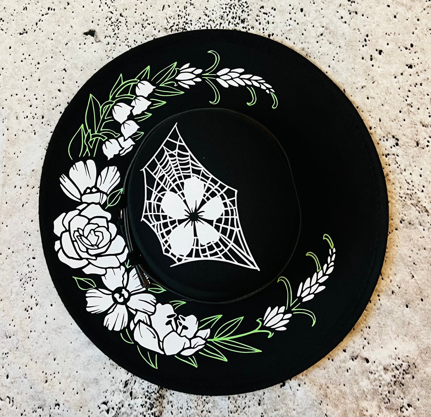 Vegan Felt Wide Brim Hat - Flat Top XL Brim - "Floral Crescent moon"