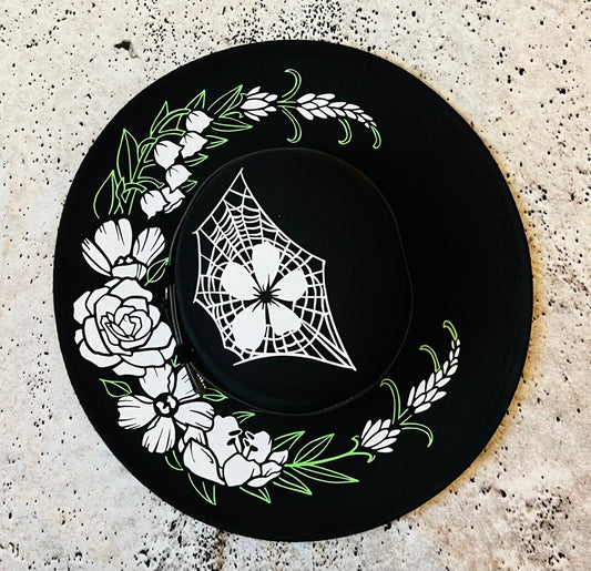Vegan Felt Wide Brim Hat - Flat Top XL Brim - "Floral Crescent moon"