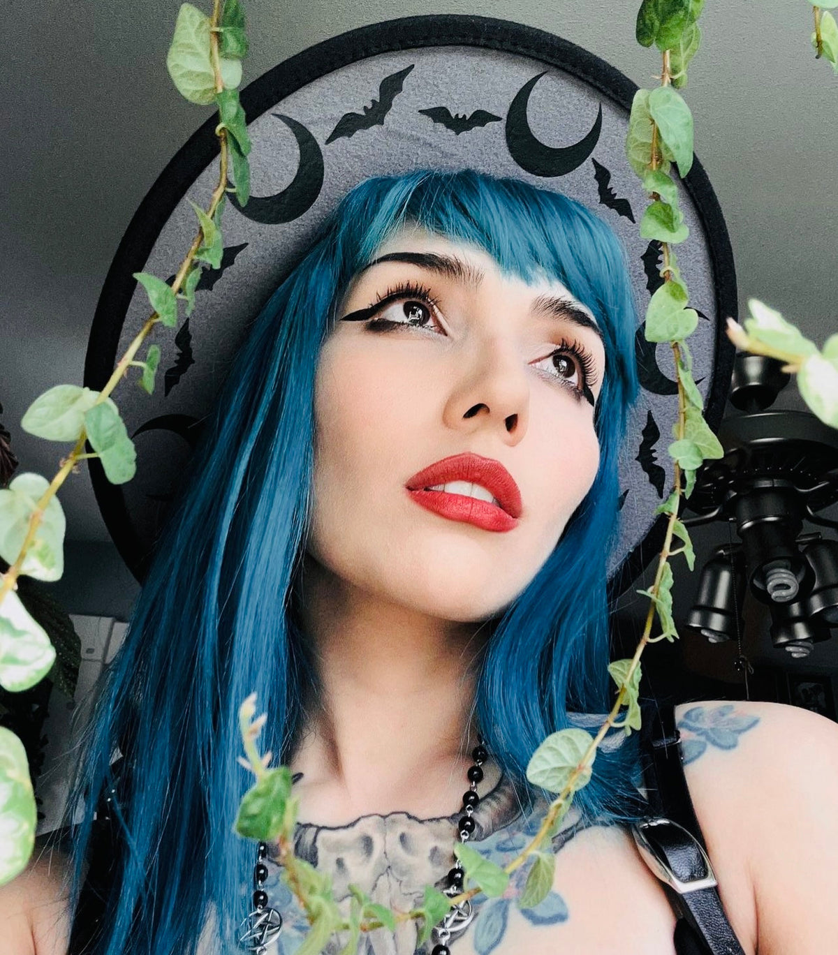 Vegan Felt Wide Brim Hat - "Charcoal Bat Moon"
