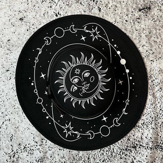 Vegan Felt Wide Brim Hat - Flat Top XL Brim - "Celestial Sun/Moon"