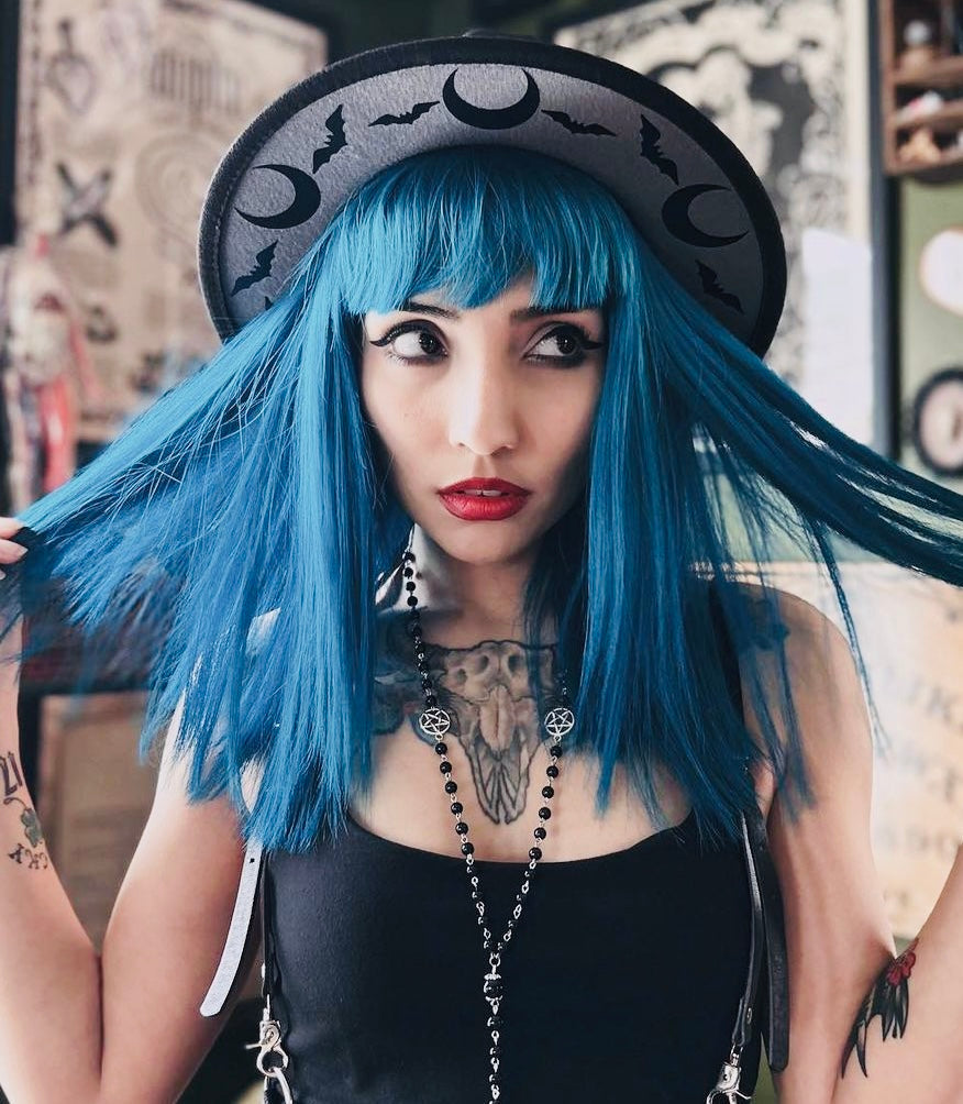 Vegan Felt Wide Brim Hat - "Charcoal Bat Moon"