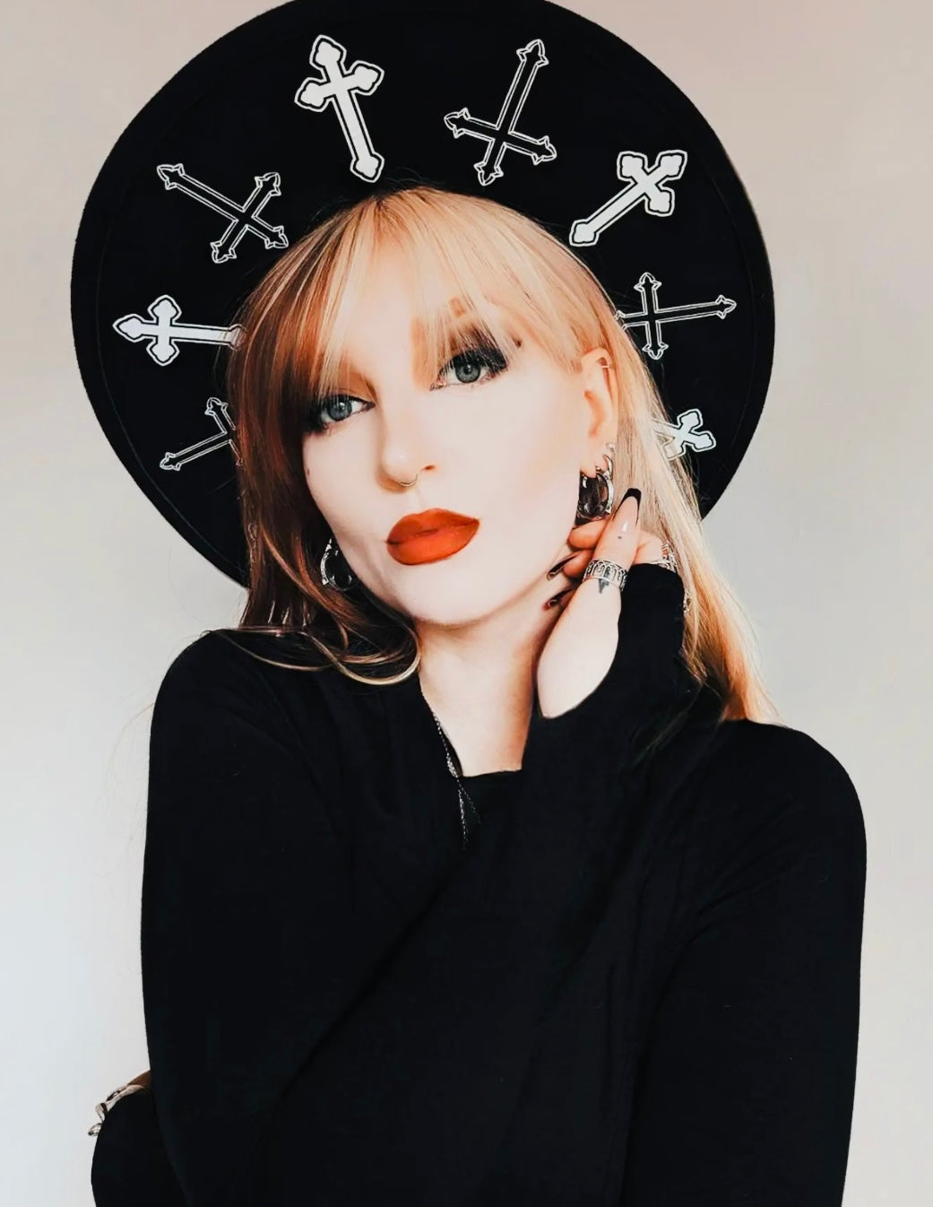 Vegan Felt Wide Brim Hat - XL Brim - "Crosses"
