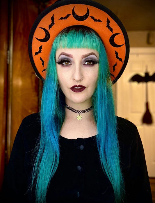 Vegan Felt Hat - "Orange bat moons"