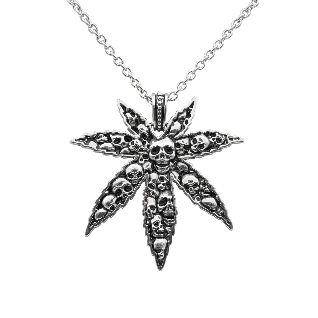 Marijuana Leaf Skull Pendant Necklace Gothic Silver