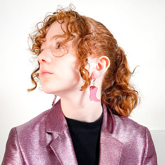 Space Cowboy Boot Dangle Earrings - Mirror Pink