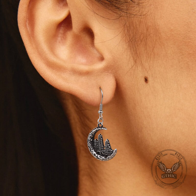 Nordic Forest Moon Stainless Steel Viking Earrings
