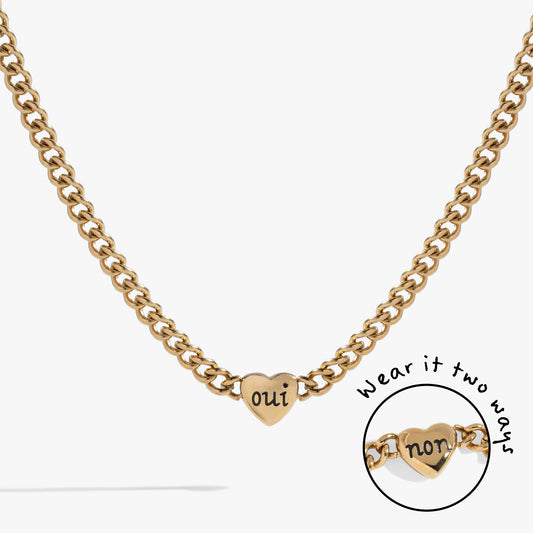 Engraved French 'Oui' & 'Non' Reversible Heart Necklace