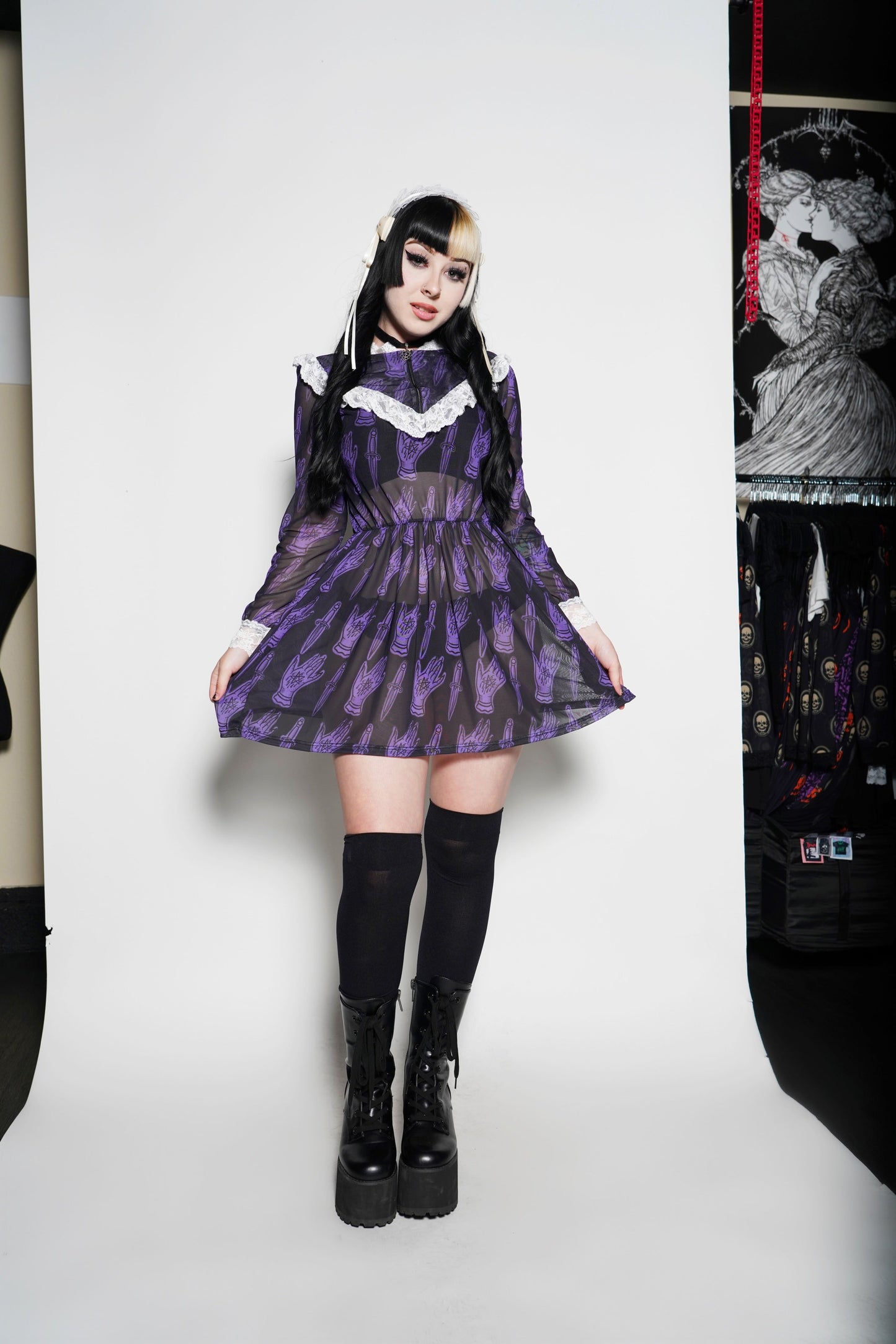 666 Pentagram Print Victorian Lace Dress