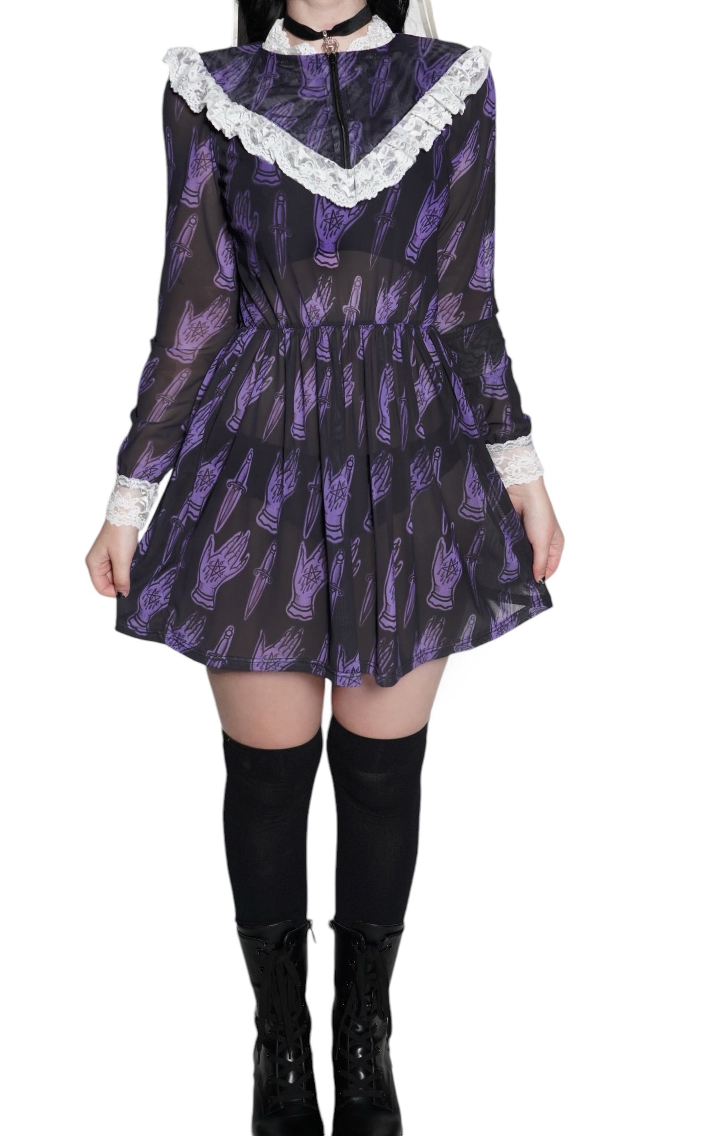 666 Pentagram Print Victorian Lace Dress