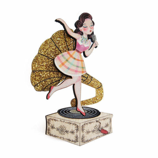 Pin Up Singer w/ Victrola Brooch by Laliblue