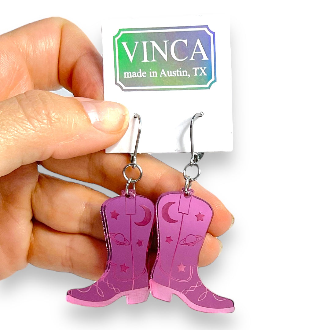 Space Cowboy Boot Dangle Earrings - Mirror Pink
