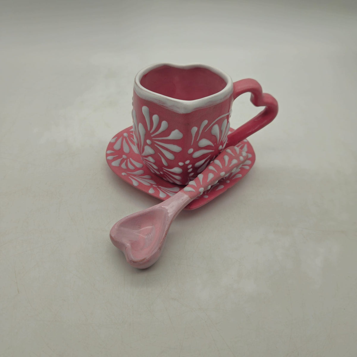 Pink Talavera Heart Mug Set | Plate, Spoon & Floral Design