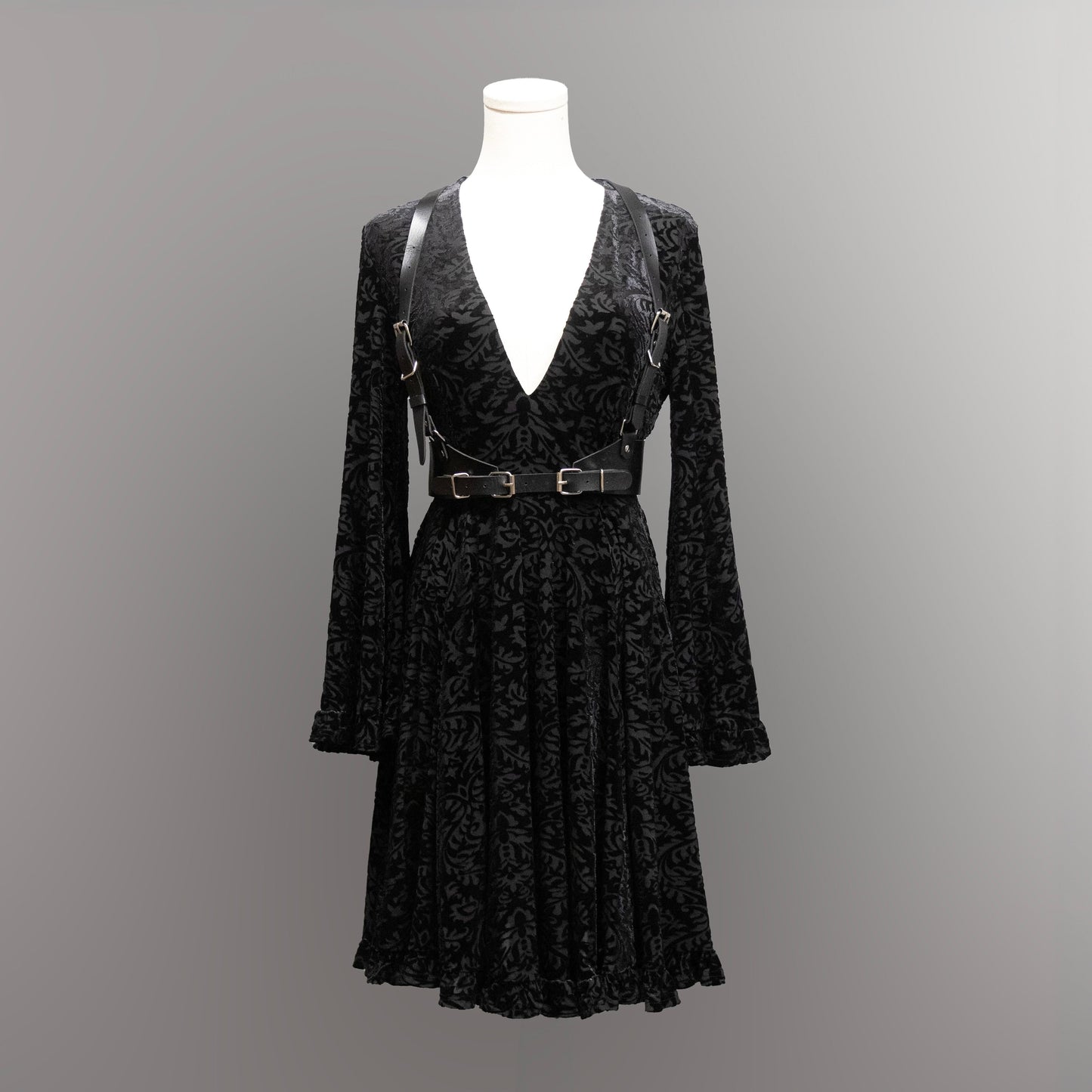 Nyx - Bell Sleeved Velvet Damask Dress with Harness - READY TO SHIP!