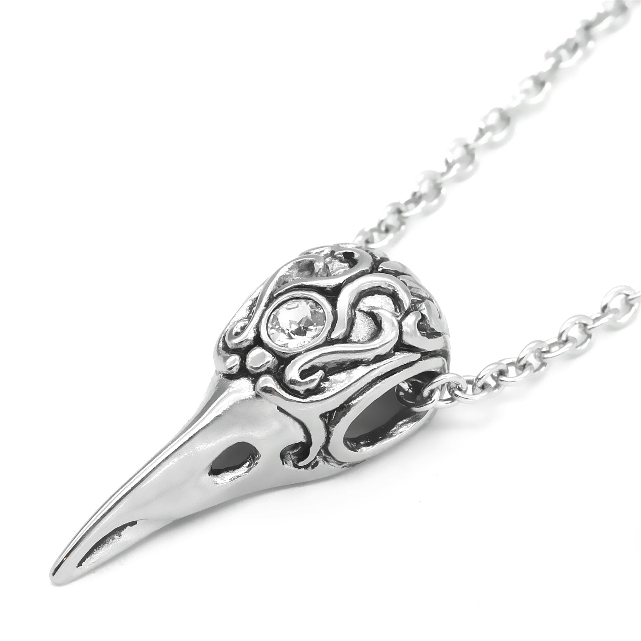 Raven Skull Crystal Pendant Necklace Gothic Silver Chain