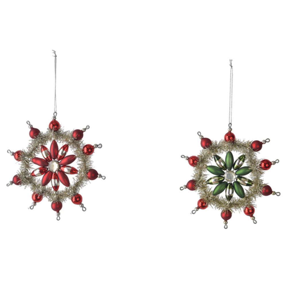 Vintage Style Glass & Tinsel Snowflake Ornament GREEN