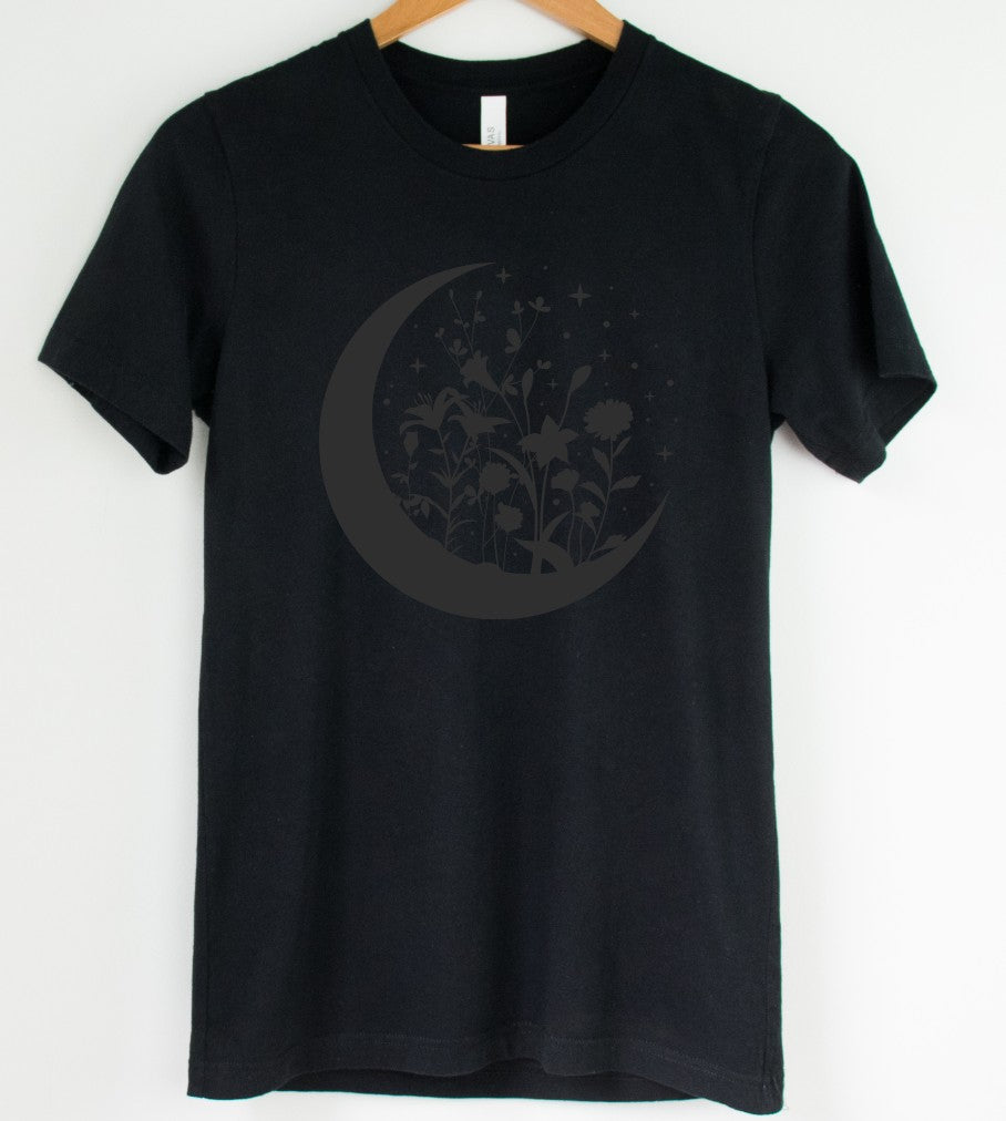 Black on Black - Floral Moon  - Available in T-Shirt, Pullover, Hoodie, Tank or Long Sleeve
