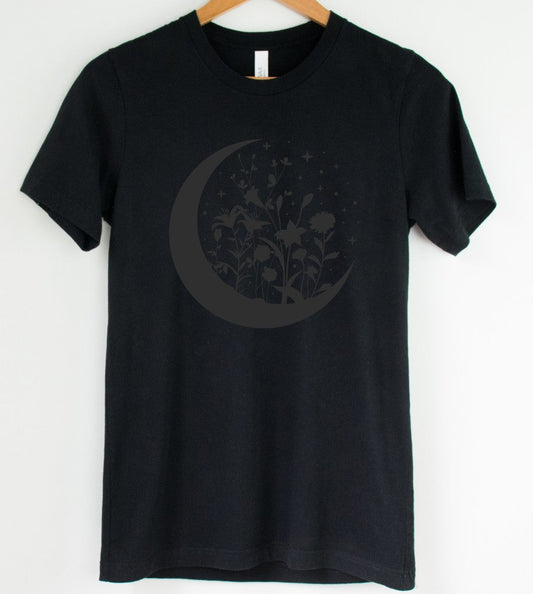 Black on Black - Floral Moon  - Available in T-Shirt, Pullover, Hoodie, Tank or Long Sleeve