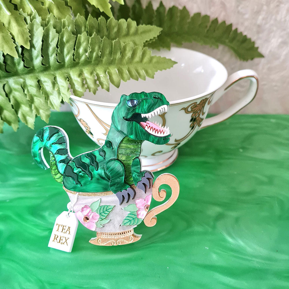 Tea Rex Dinosaur Teacup Brooch by Cherryloco Jewellery