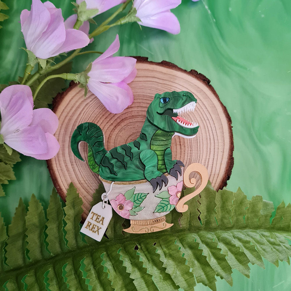 Tea Rex Dinosaur Teacup Brooch by Cherryloco Jewellery