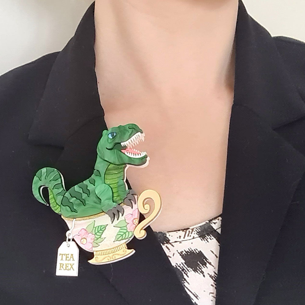 Tea Rex Dinosaur Teacup Brooch by Cherryloco Jewellery