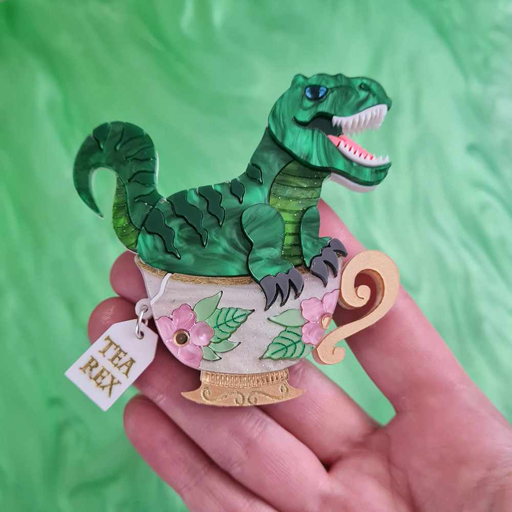 Tea Rex Dinosaur Teacup Brooch by Cherryloco Jewellery