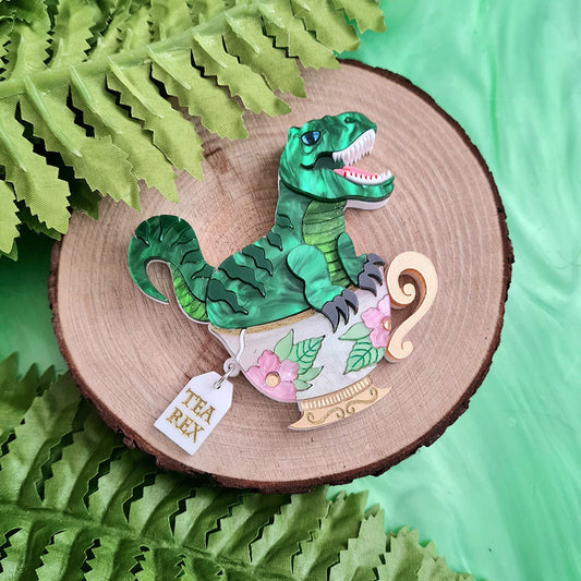 Tea Rex Dinosaur Teacup Brooch by Cherryloco Jewellery