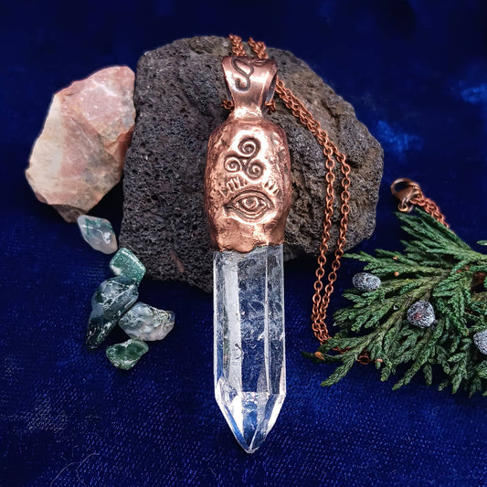 Clear Quartz Copper Pendant – Triple Moon Rune Amulet, Handmade Crystal Jewelry