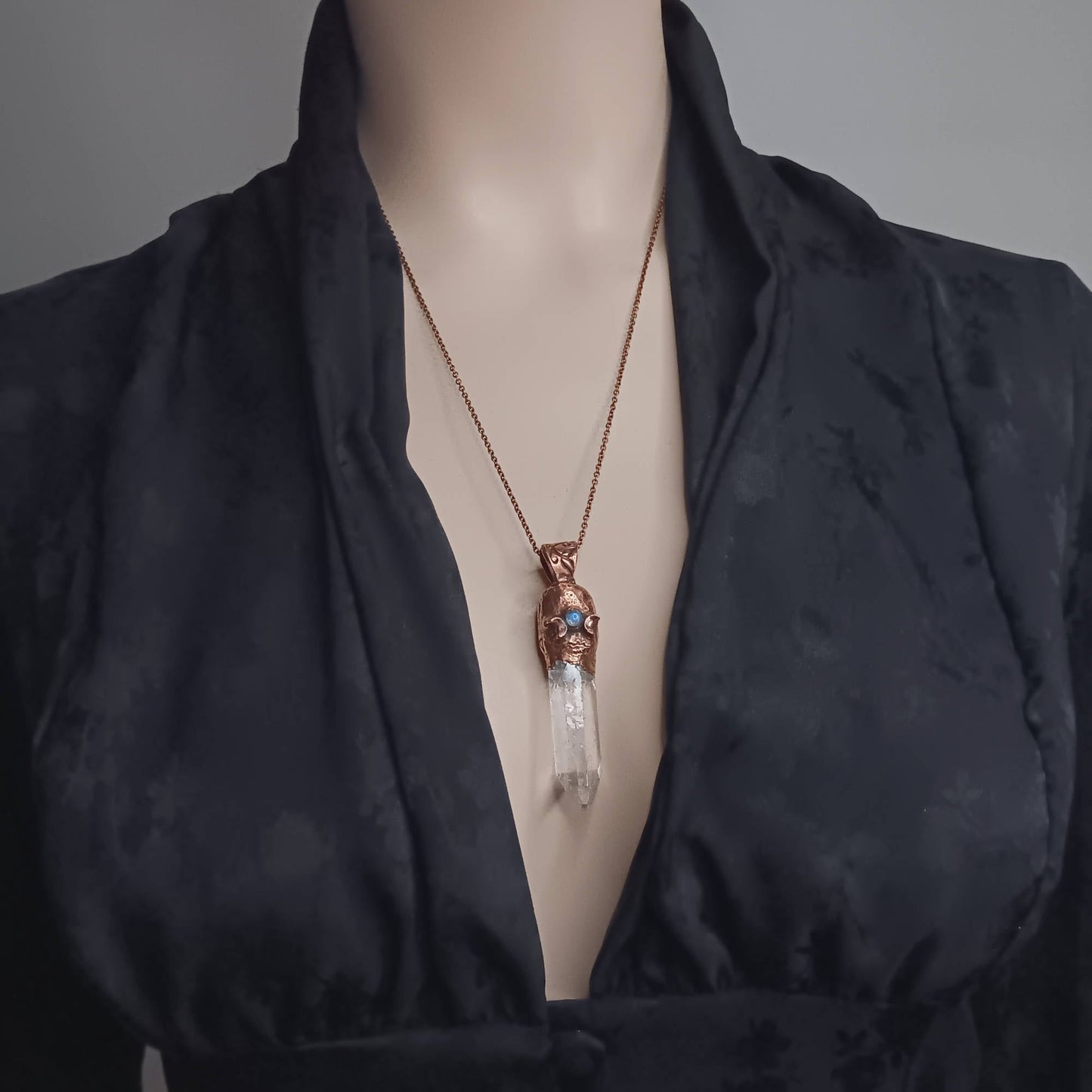 Clear Quartz Copper Pendant – Triple Moon Rune Amulet, Handmade Crystal Jewelry