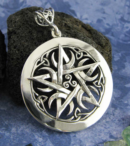 Large 1.5" Five Crescent Moons Celtic Pentacle Pendant, Engravable, Handmade