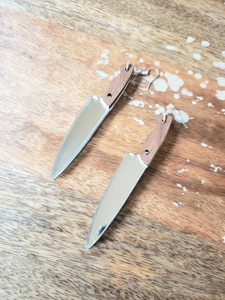 Walnut Wooden Mirrored Knife Earrings